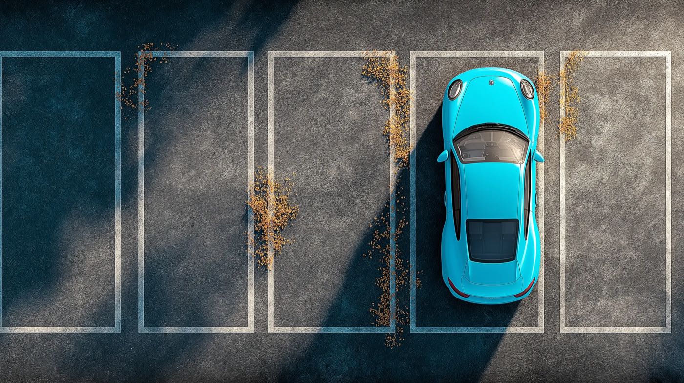 A bright blue sports car seen from above in an empty car park