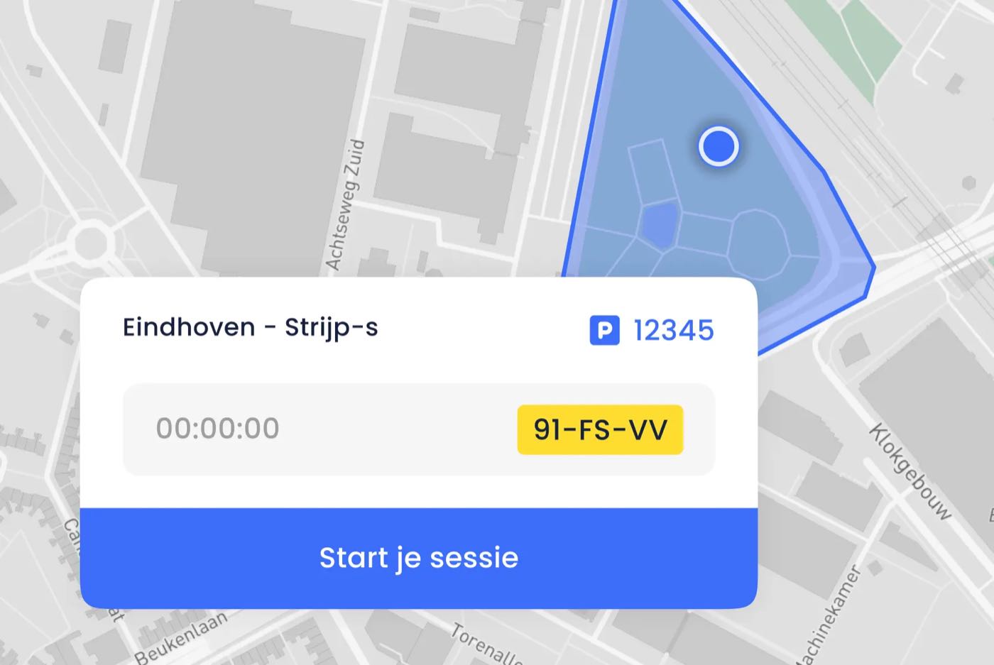 The SimplePark start card on top of the map with a blue zone