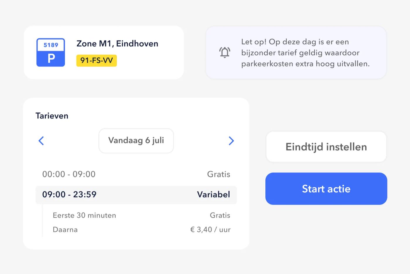 SimplePark components: the zone, a notice, the rates and two buttons